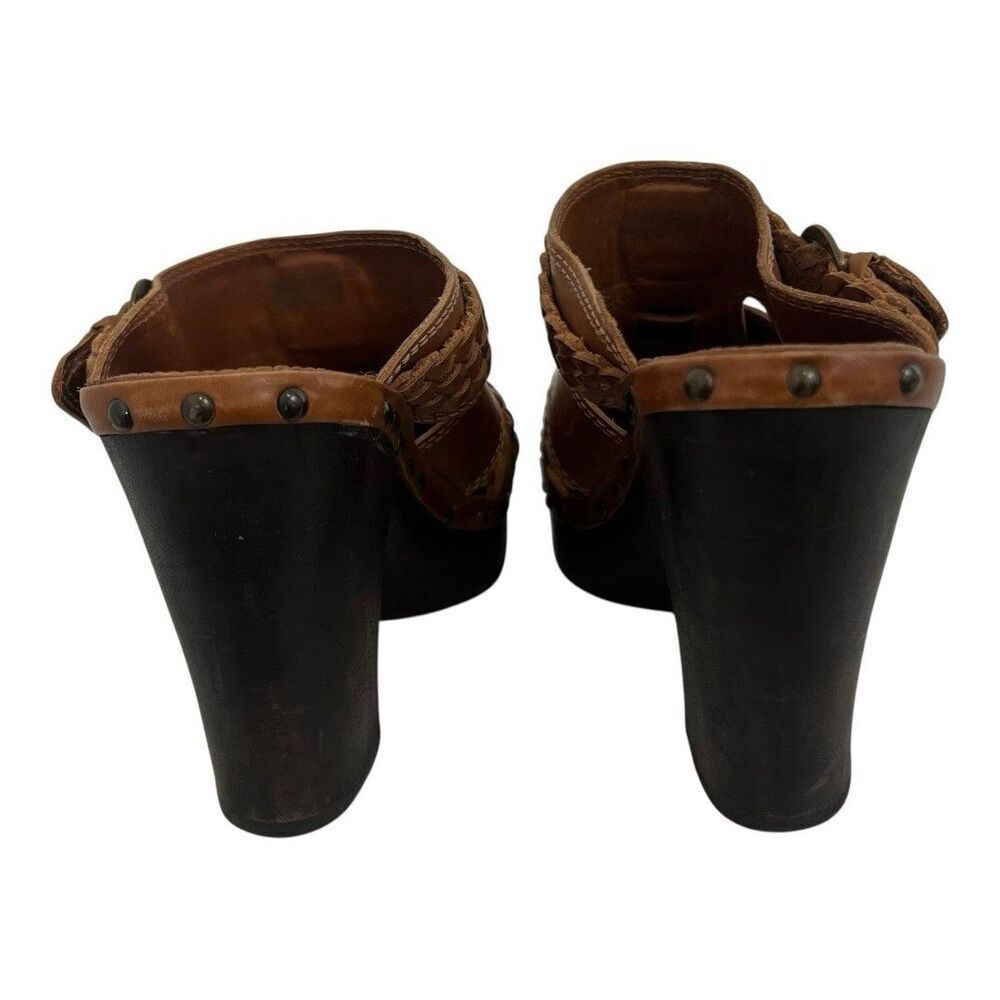 Frye Womens Size 8.5 Woven Leather Sandals Brown Wood Heel Boho Platform Clogs - Picture 6 of 8